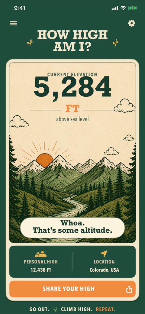 How High Am I? home screen showing a current elevation of 5,284 feet above sea level over a retro mountain scene, with Personal High, location, and a Share Your High button