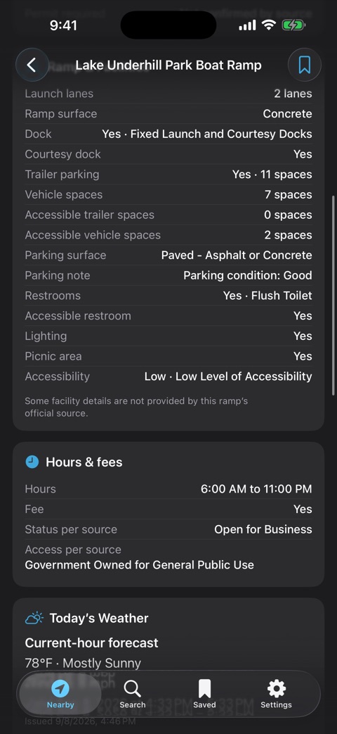 RampPilot ramp detail screen showing confirmed launch lanes, docks, parking, restrooms, hours and fees, and current weather for Lake Underhill Park Boat Ramp
