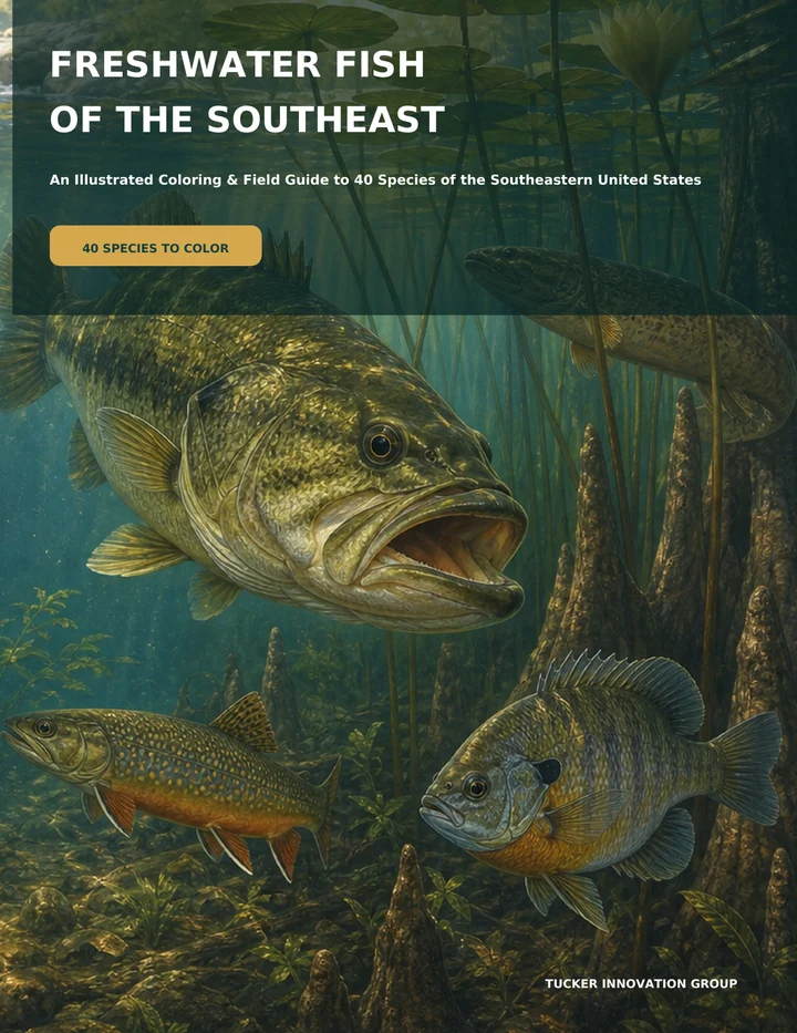 Freshwater Fish of the Southeast book cover: painted underwater scene of a largemouth bass, brook trout, and sunfish among cypress knees