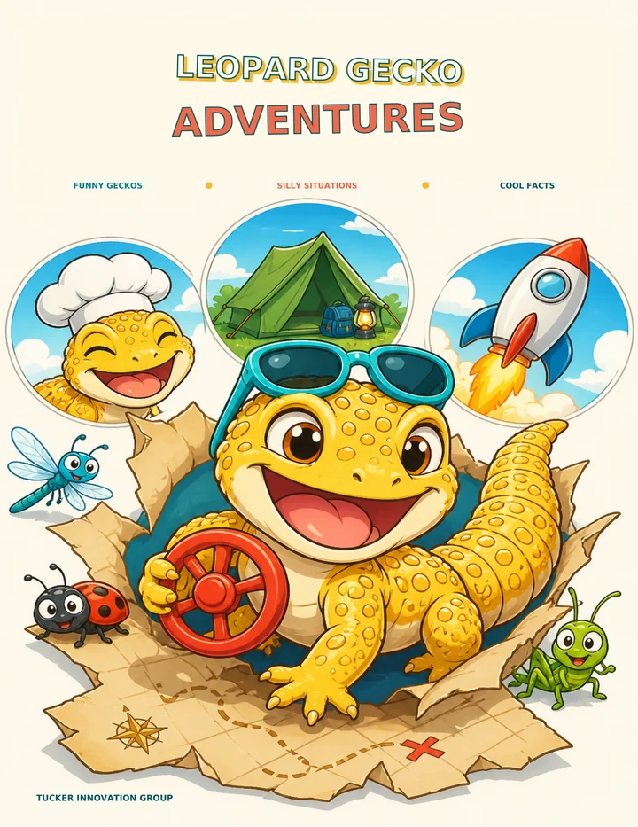 Leopard Gecko Adventures book cover: cartoon gecko in sunglasses steering a ship's wheel through a treasure map, with gecko friends cooking, camping, and riding a rocket