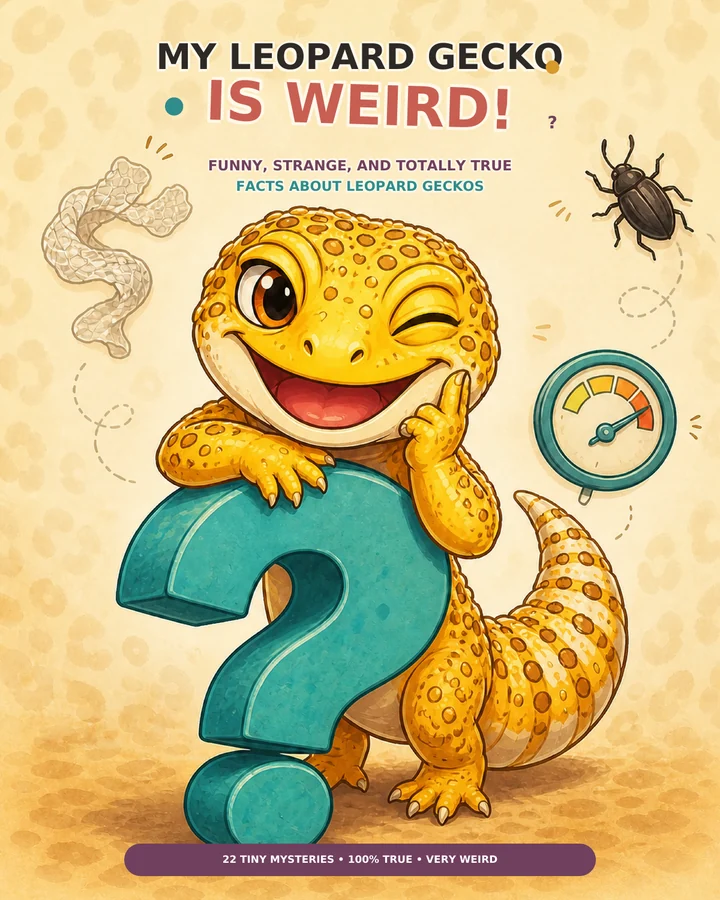 My Leopard Gecko Is Weird! book cover: cartoon leopard gecko winking and leaning on a large teal question mark